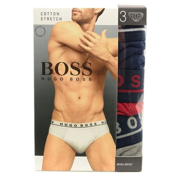 HUGO BOSS Mens 3 Pack Red Gray Navy MINI BRIEF Cotton Stretch XL NWT - Picture 2 of 2